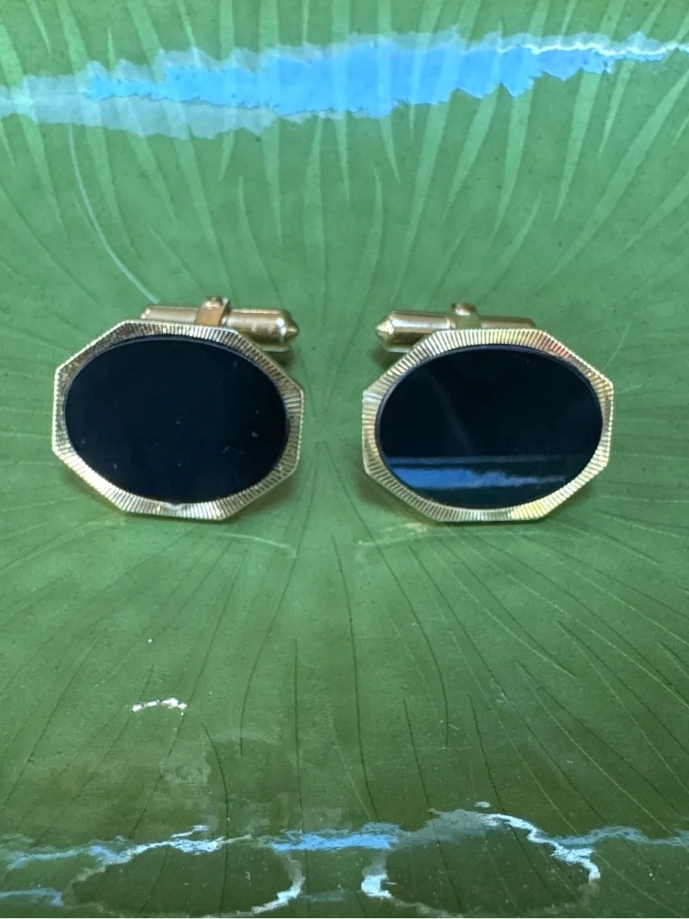 Vintage Destino Black Onyx Cufflinks Gold Tone Mid Century Western
